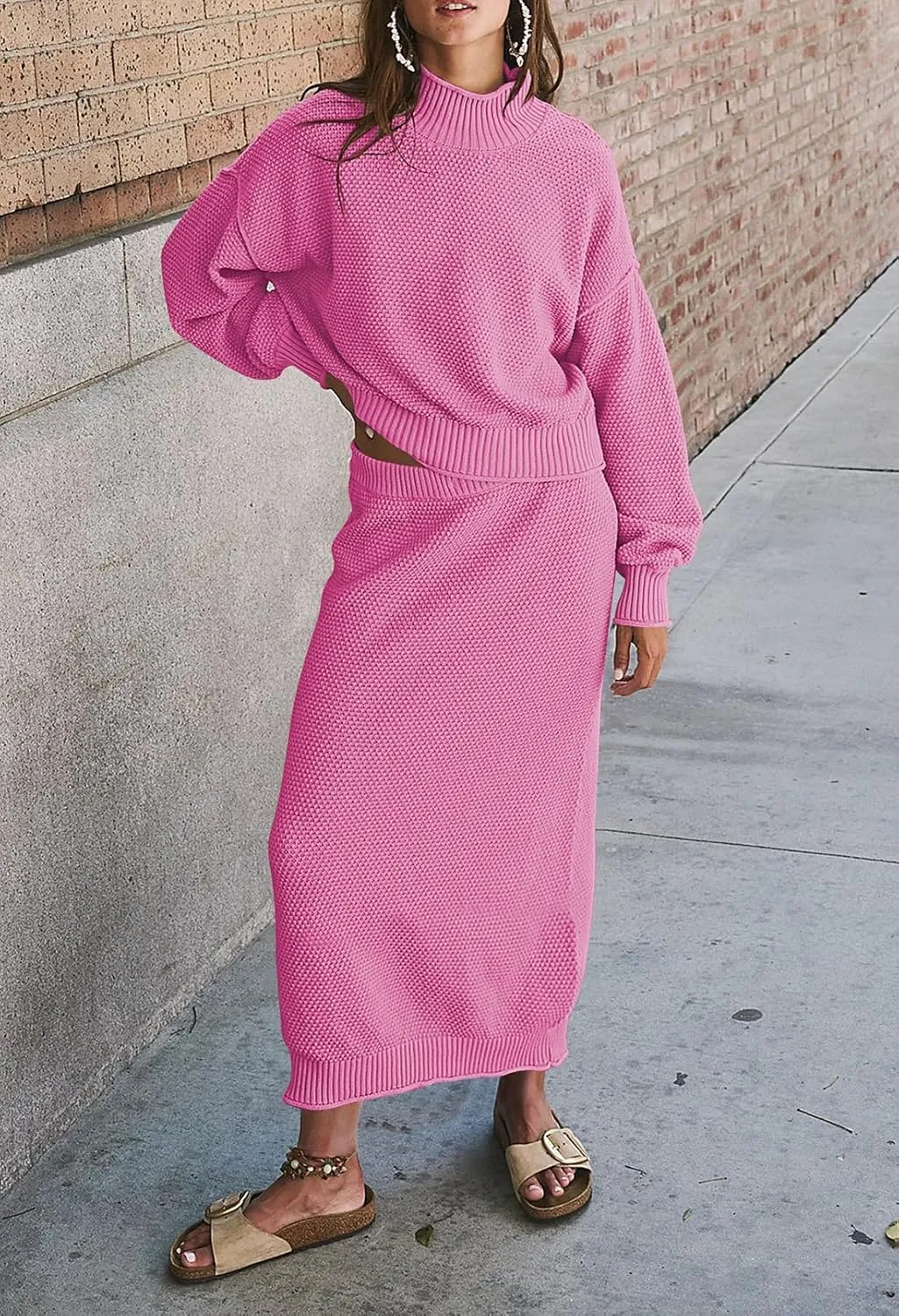 Pink Queen Women's 2 Piece Sweater Set Outfits Long Sleeve Oversized Top Bodycon Maxi Long Skirt Knit Dresses