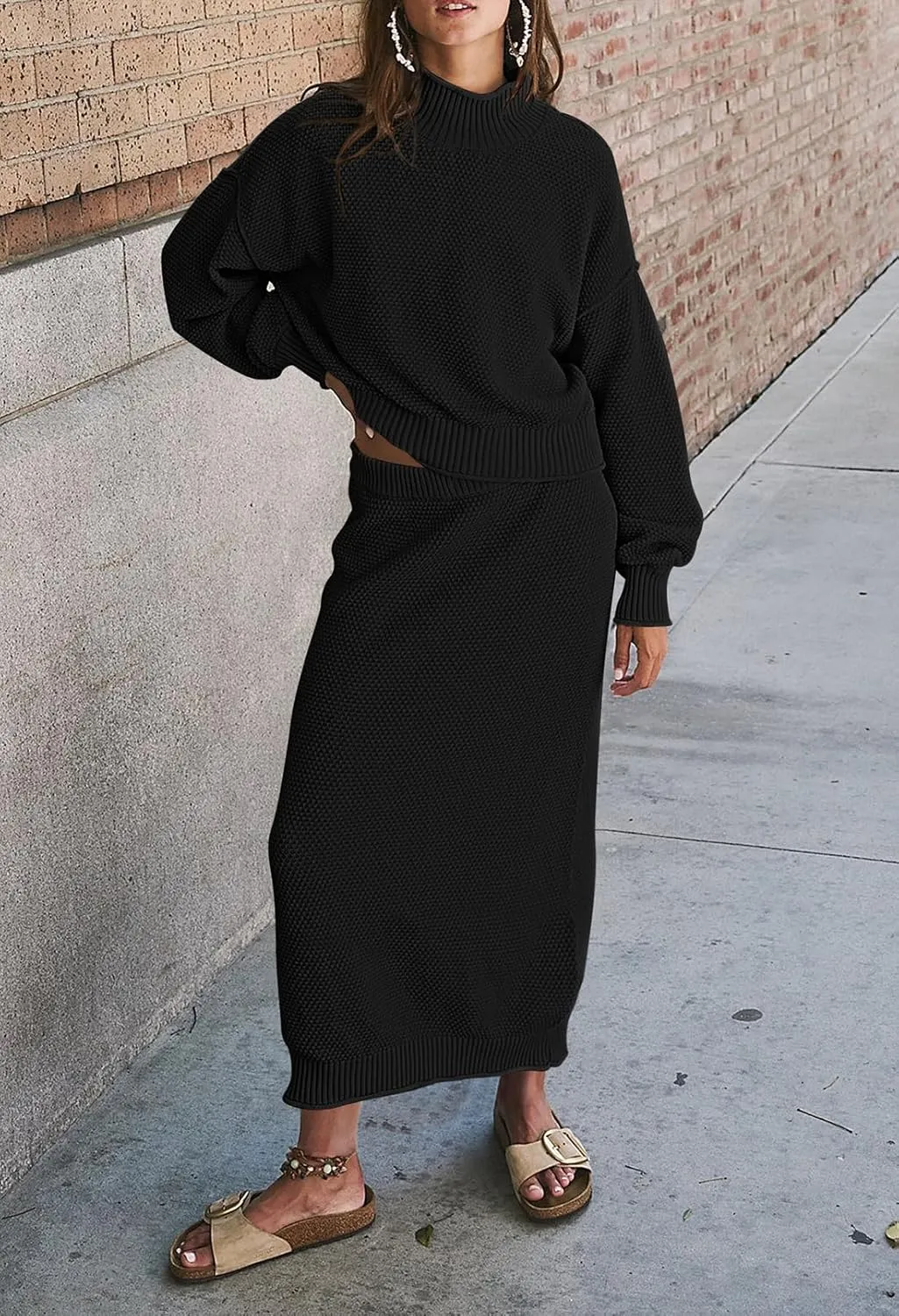 Pink Queen Women's 2 Piece Sweater Set Outfits Long Sleeve Oversized Top Bodycon Maxi Long Skirt Knit Dresses