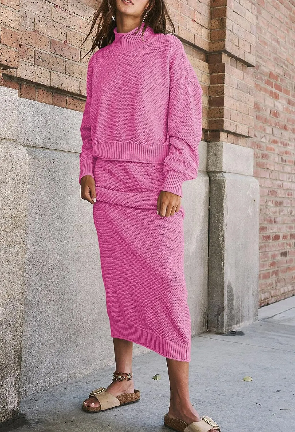 Pink Queen Women's 2 Piece Sweater Set Outfits Long Sleeve Oversized Top Bodycon Maxi Long Skirt Knit Dresses