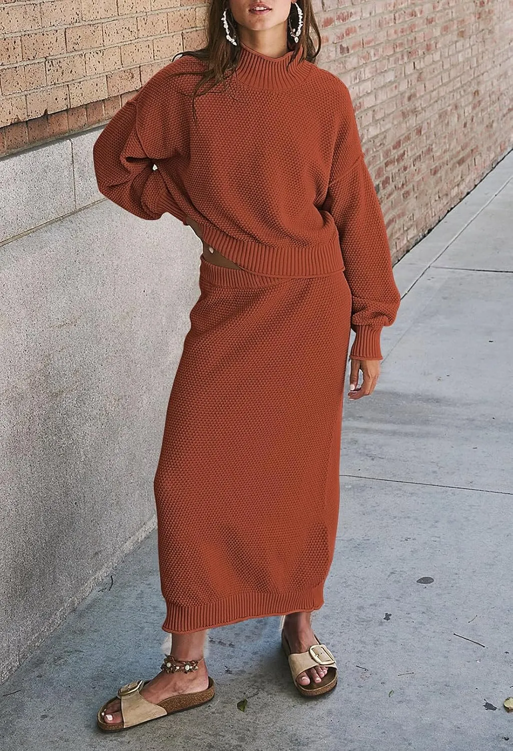 Pink Queen Women's 2 Piece Sweater Set Outfits Long Sleeve Oversized Top Bodycon Maxi Long Skirt Knit Dresses