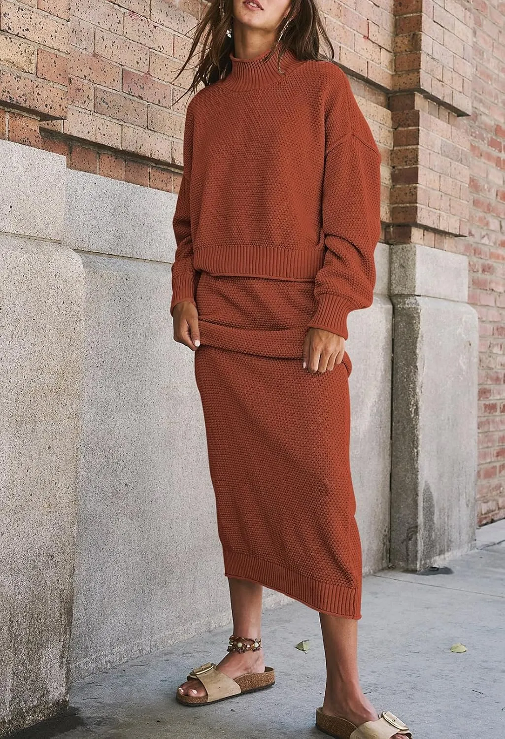 Pink Queen Women's 2 Piece Sweater Set Outfits Long Sleeve Oversized Top Bodycon Maxi Long Skirt Knit Dresses