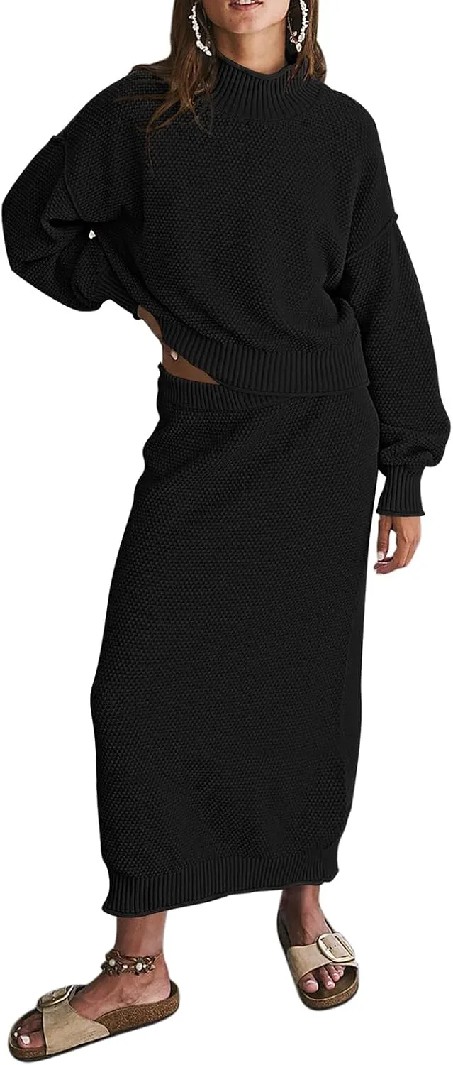 Pink Queen Women's 2 Piece Sweater Set Outfits Long Sleeve Oversized Top Bodycon Maxi Long Skirt Knit Dresses