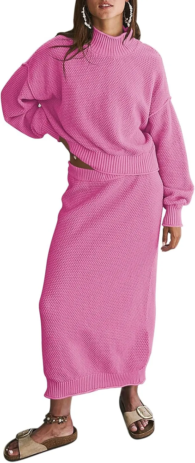 Pink Queen Women's 2 Piece Sweater Set Outfits Long Sleeve Oversized Top Bodycon Maxi Long Skirt Knit Dresses