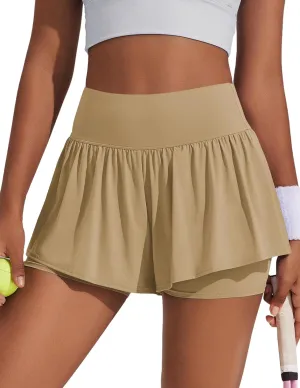 PINSPARK 2 in 1 Running Shorts for Women Flowy Athletic Short Workout Gym Tennis Skirts High Waisted with Pockets