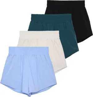 Real Essentials 4 Pack Women's 2.5'' High Waisted Running Shorts with Liner - Quick Dry, Dry Fit, Gym Workout
