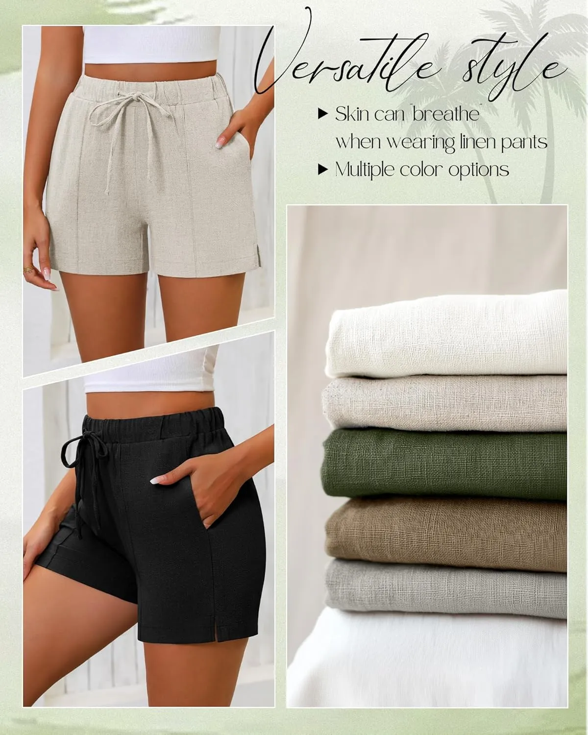 Riyiper 2 Pack Casual Linen Shorts for Women, Drawstring Elastic Waist Split Side Summer Line Comfy Lounge Short with Pocket
