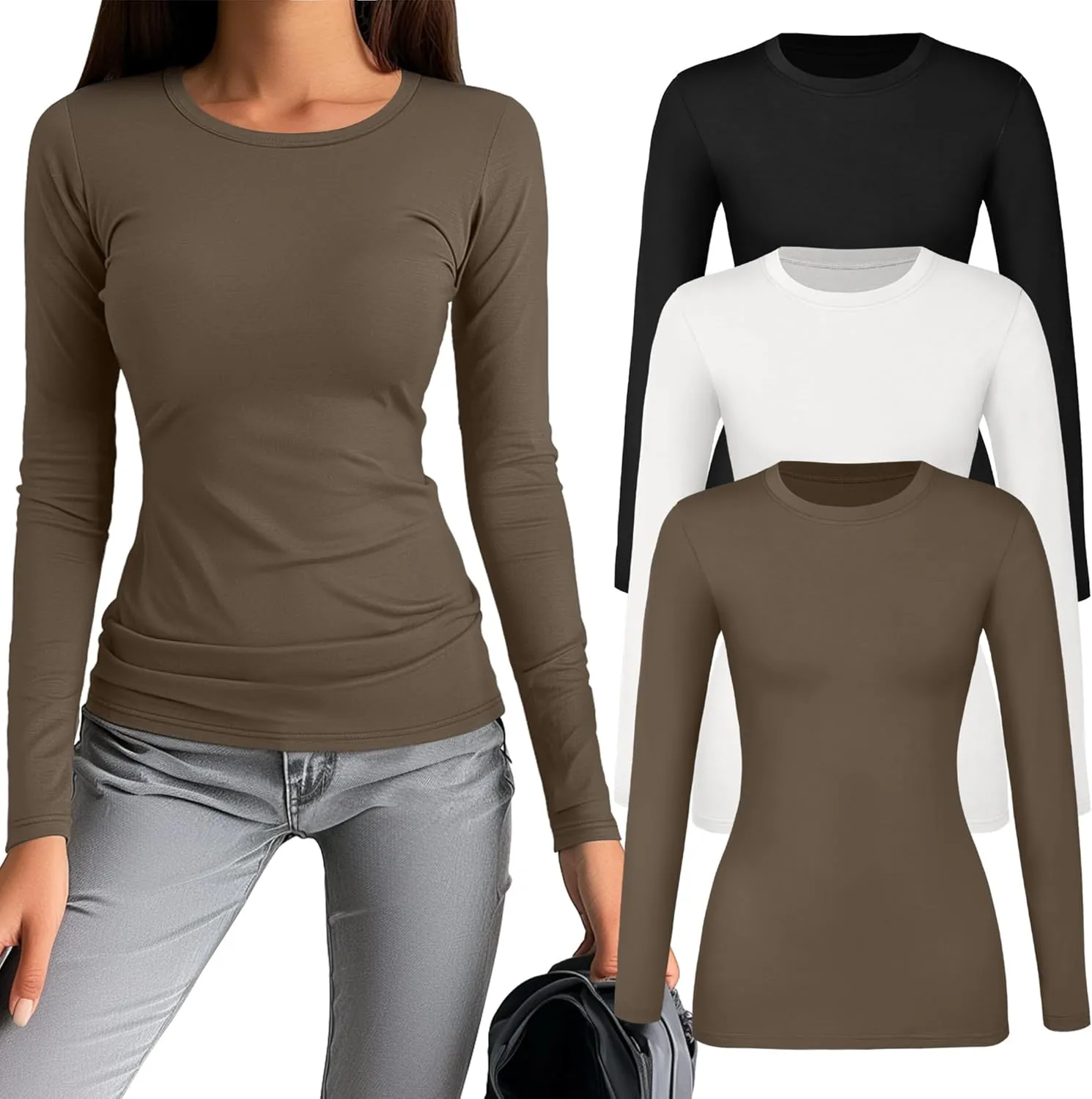Riyiper 3 Pack Women's Long Sleeve Shirts Casual Tight Tops Slim Fit Crew Neck Modal Undershirt Basic Fall Trendy Outfits