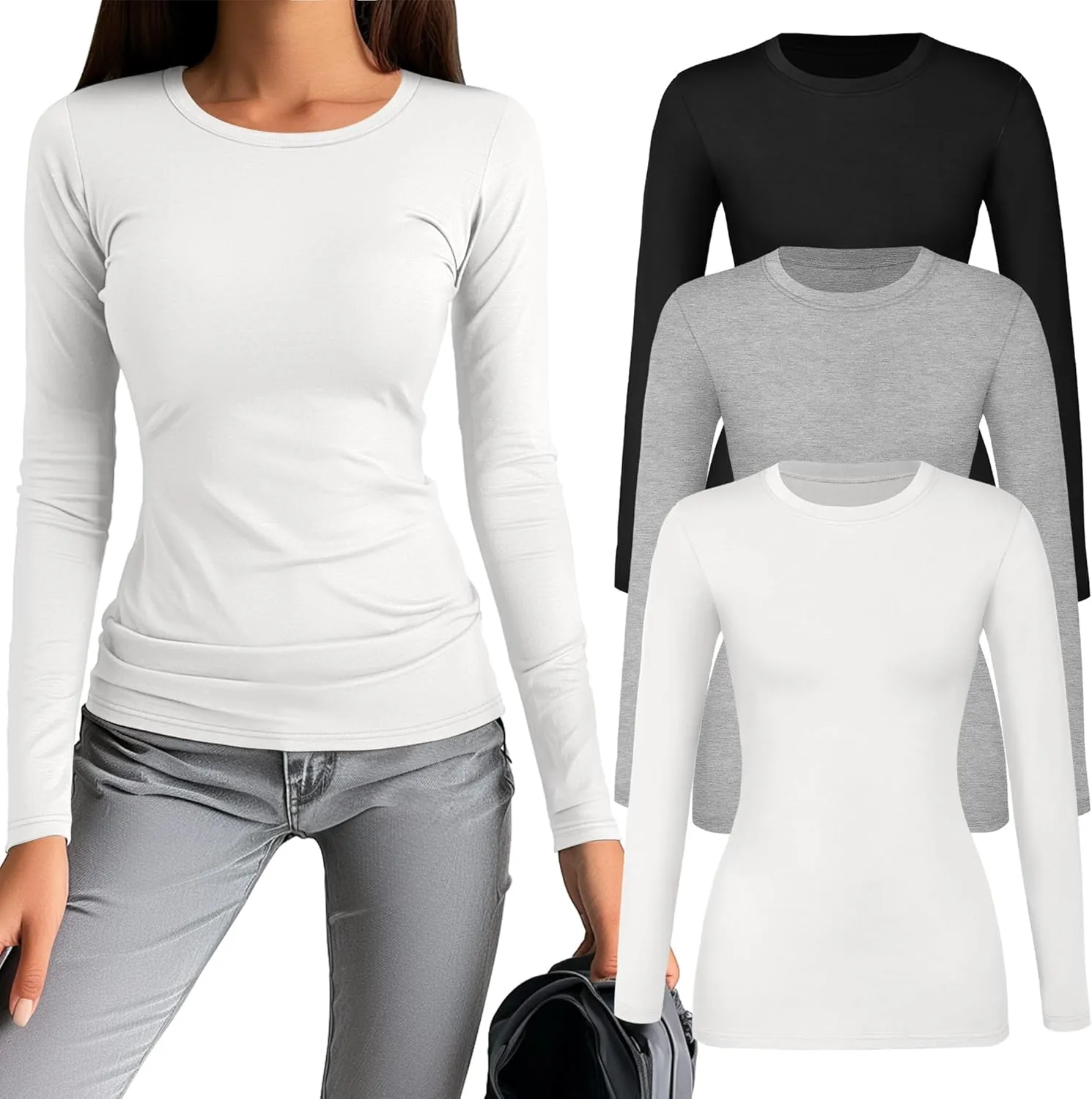 Riyiper 3 Pack Women's Long Sleeve Shirts Casual Tight Tops Slim Fit Crew Neck Modal Undershirt Basic Fall Trendy Outfits