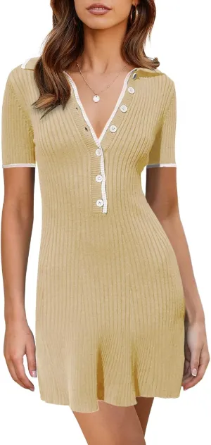 Saodimallsu Womens V Neck Short Sleeve Slim Fit Bodycon Sweater Dress Button Up Ribbed Knit Mini Summer Dresses