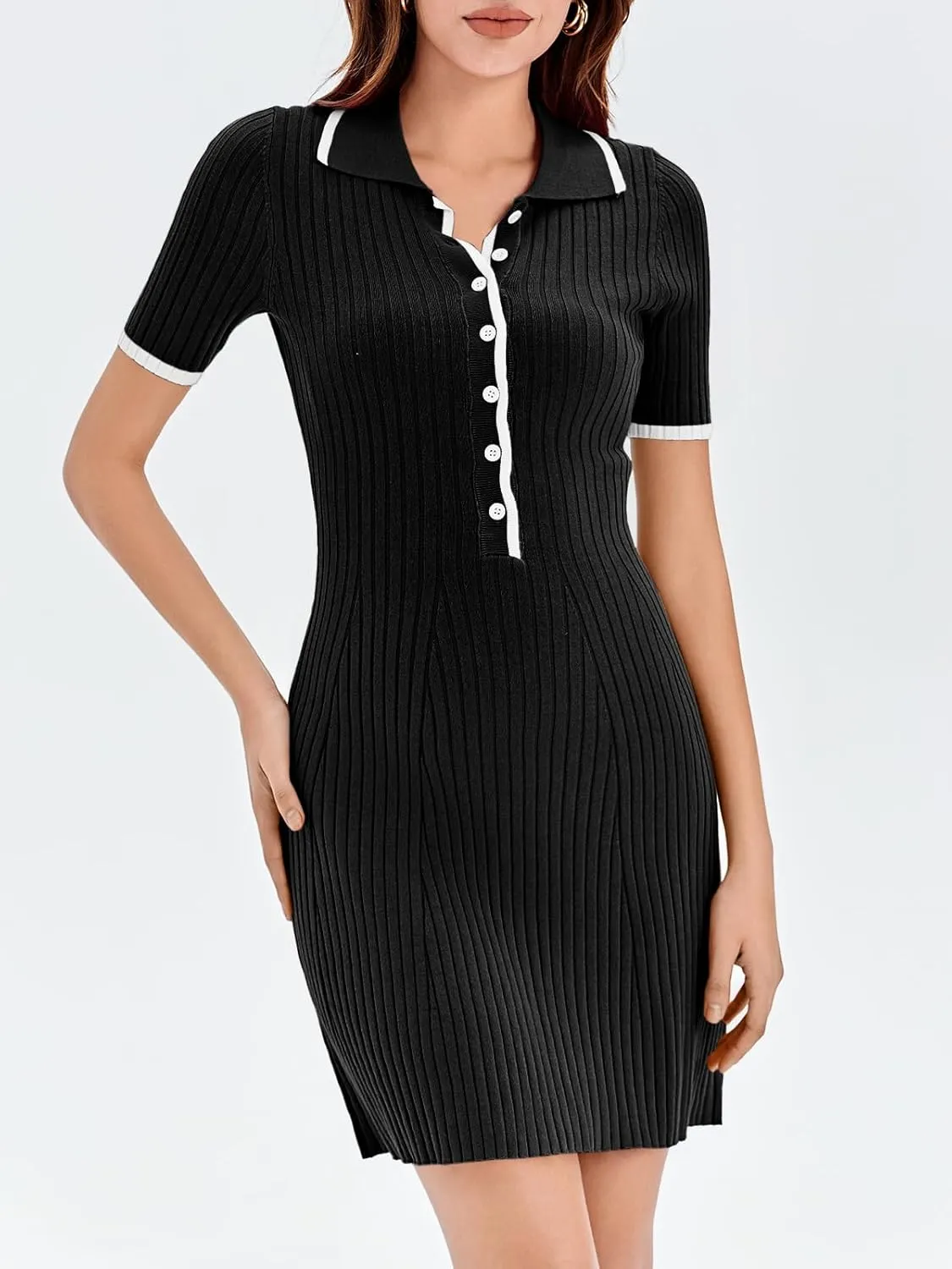 Saodimallsu Womens V Neck Short Sleeve Slim Fit Bodycon Sweater Dress Button Up Ribbed Knit Mini Summer Dresses