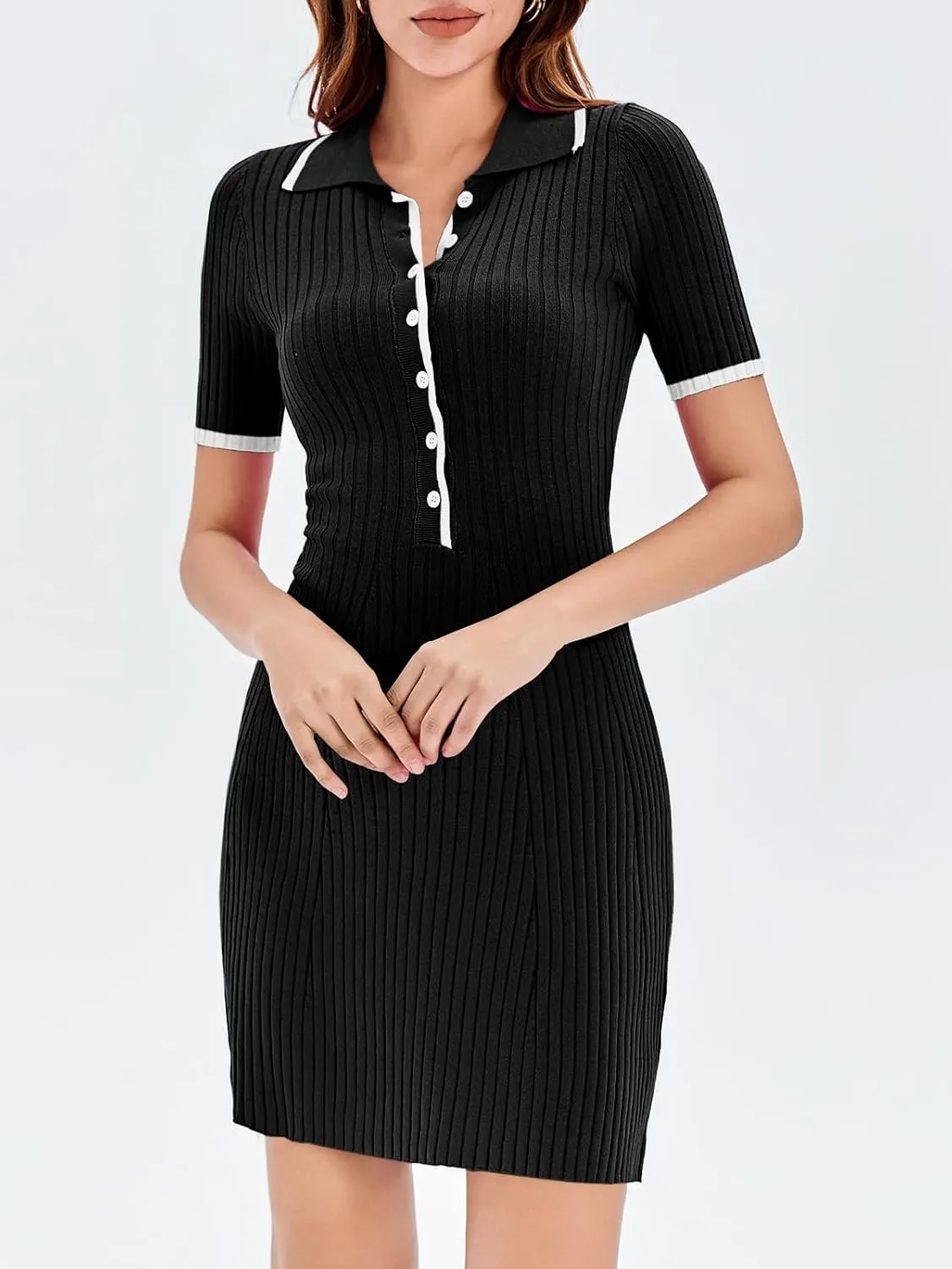 Saodimallsu Womens V Neck Short Sleeve Slim Fit Bodycon Sweater Dress Button Up Ribbed Knit Mini Summer Dresses