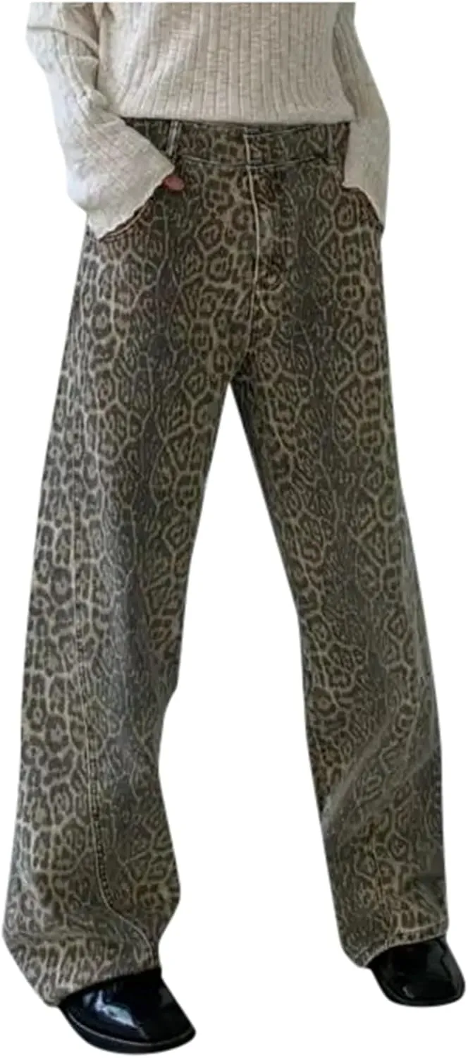 sdbrld Leopard Print Jeans Leopard Pants Barrel Jeans Women Jeans Barril Mujer Barrel Jeans Women,Womens Baggy Mid Rise Jeans Wide Leg Boyfriend Denim Harem Cropped Pants Vintage (Z41-Khaki, M)