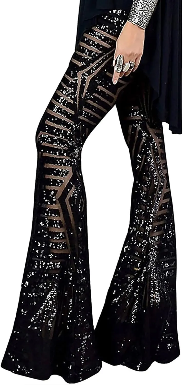 Sequin Pants Womens High Waist Bell Bottoms Glitter Wide Leg Palazzo Pants Night Club Sparkle Flared Trousers