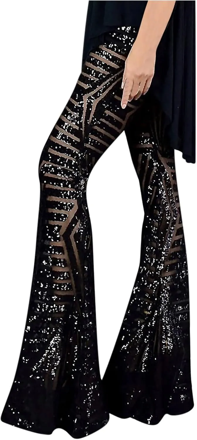 Sequin Pants Womens High Waist Bell Bottoms Glitter Wide Leg Palazzo Pants Night Club Sparkle Flared Trousers