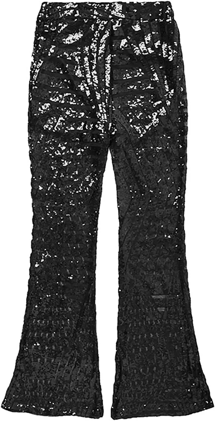 Sequin Pants Womens High Waist Bell Bottoms Glitter Wide Leg Palazzo Pants Night Club Sparkle Flared Trousers