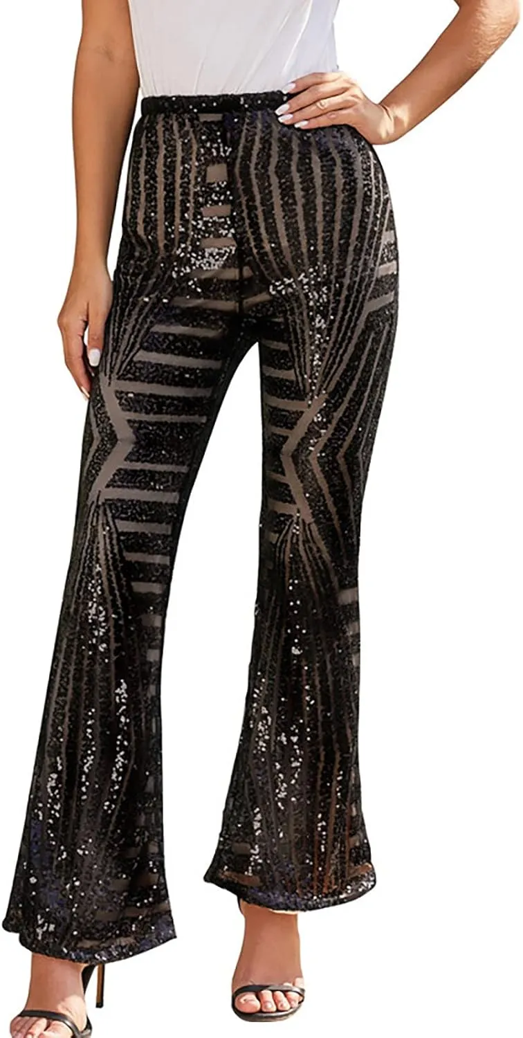 Sequin Pants Womens High Waist Bell Bottoms Glitter Wide Leg Palazzo Pants Night Club Sparkle Flared Trousers