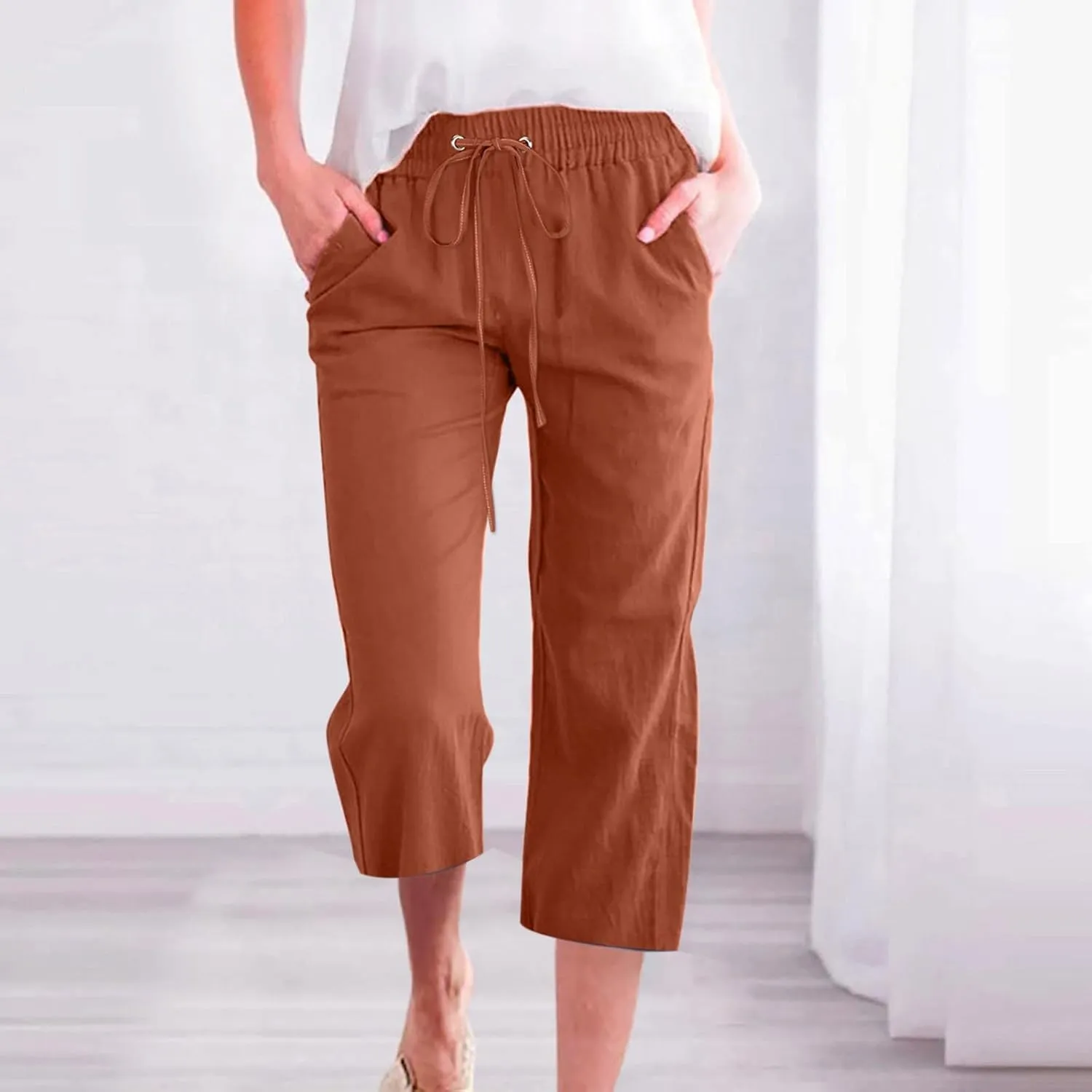 Summer Cotton Linen Capri Pants for Women Straight Wide Leg Cropped Trousers with Elastic Drawstring Waist