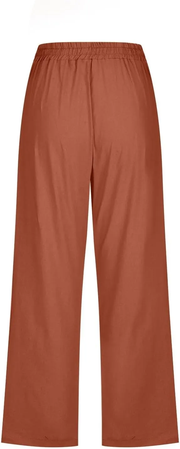 Summer Cotton Linen Capri Pants for Women Straight Wide Leg Cropped Trousers with Elastic Drawstring Waist