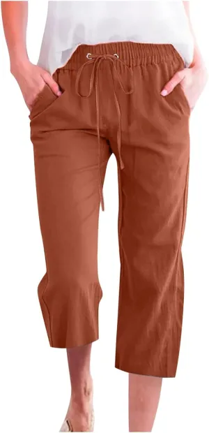 Summer Cotton Linen Capri Pants for Women Straight Wide Leg Cropped Trousers with Elastic Drawstring Waist