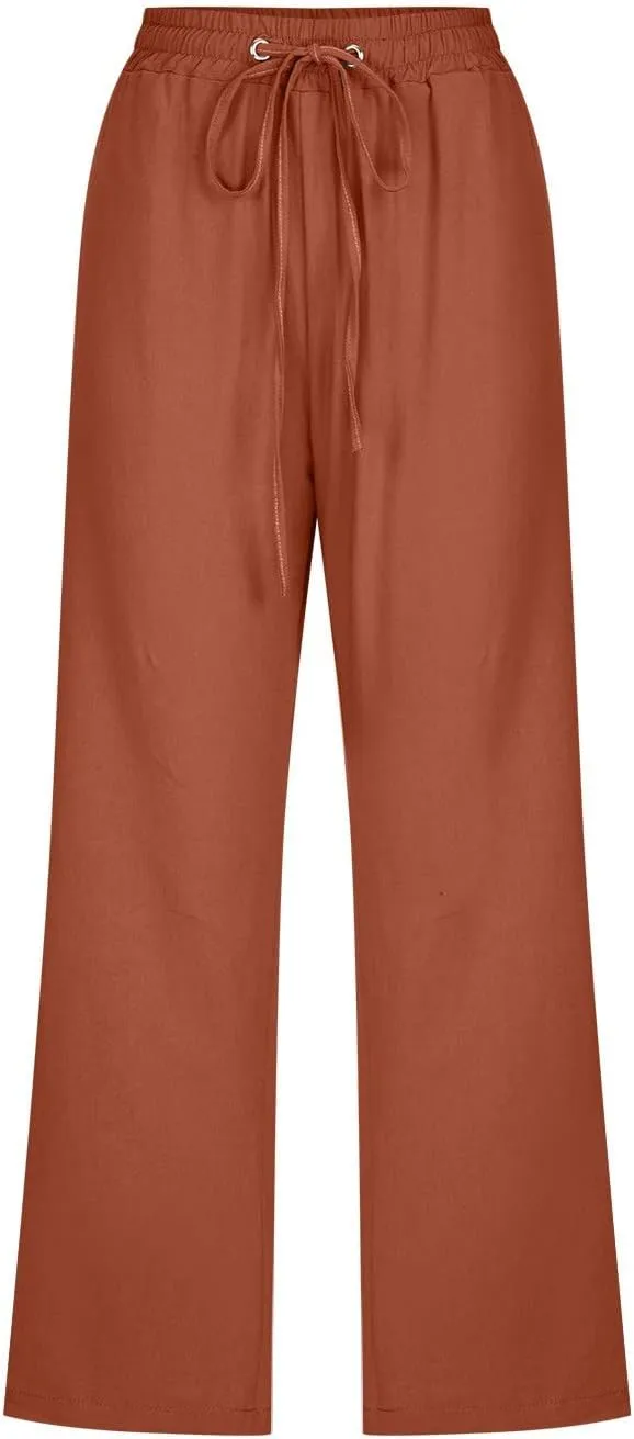 Summer Cotton Linen Capri Pants for Women Straight Wide Leg Cropped Trousers with Elastic Drawstring Waist