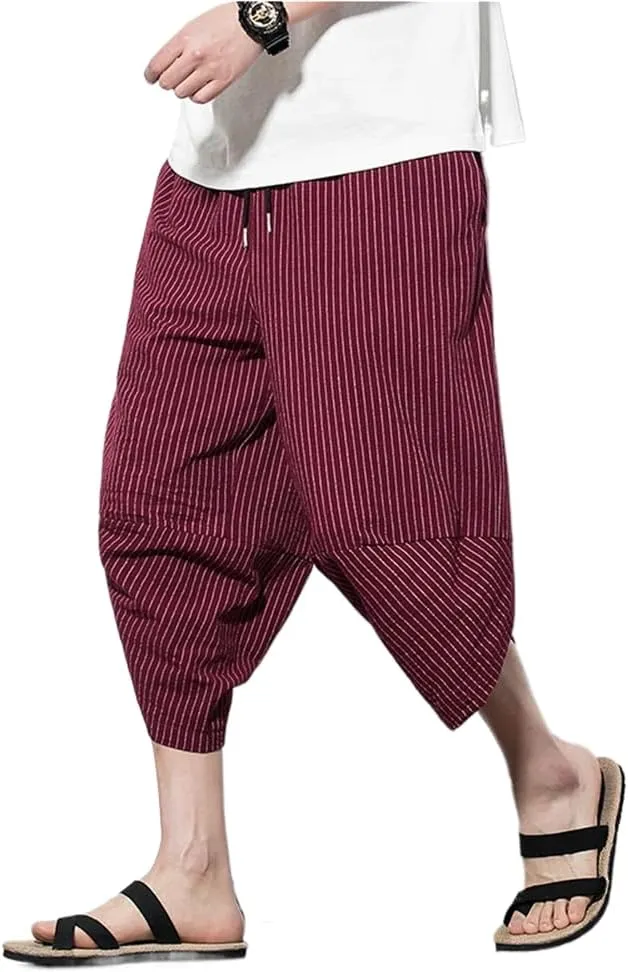 Summer Length Casual Men's Pants Wide Leg Cotton Linen Harem Baggy Clothing