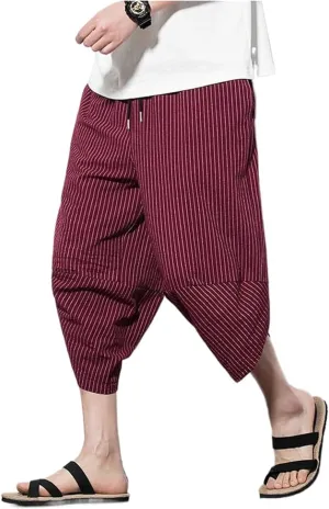 Summer Length Casual Men's Pants Wide Leg Cotton Linen Harem Baggy Clothing
