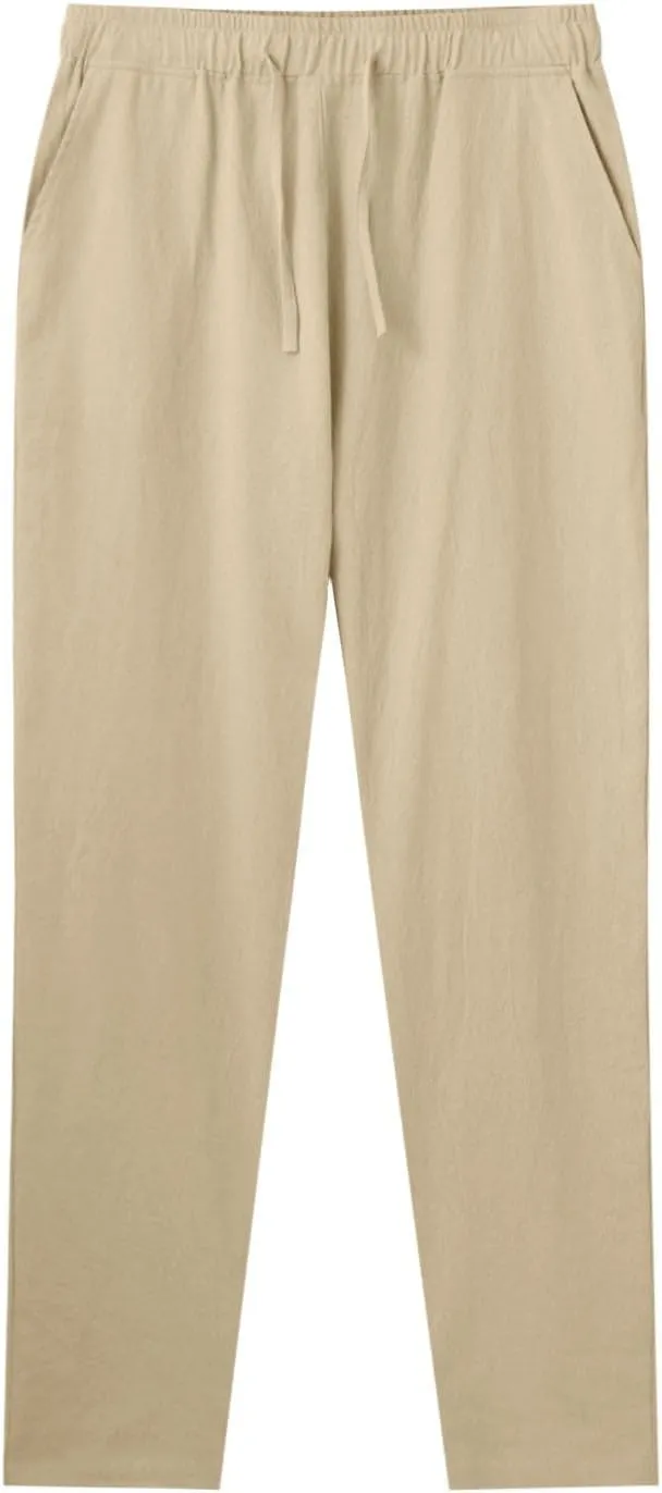 Vickyleb Linen Pants Men Slim Fit Cotton Pants Casual Drawstring Elastic Waist Summer Beach Pleated Chinos Pants for Men
