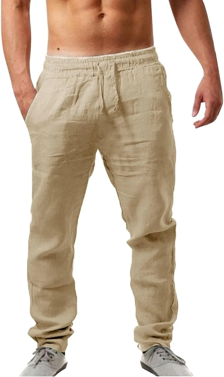 Vickyleb Linen Pants Men Slim Fit Cotton Pants Casual Drawstring Elastic Waist Summer Beach Pleated Chinos Pants for Men