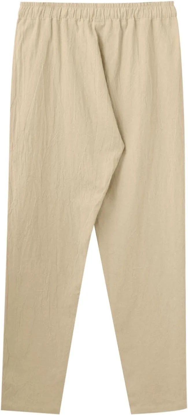 Vickyleb Linen Pants Men Slim Fit Cotton Pants Casual Drawstring Elastic Waist Summer Beach Pleated Chinos Pants for Men