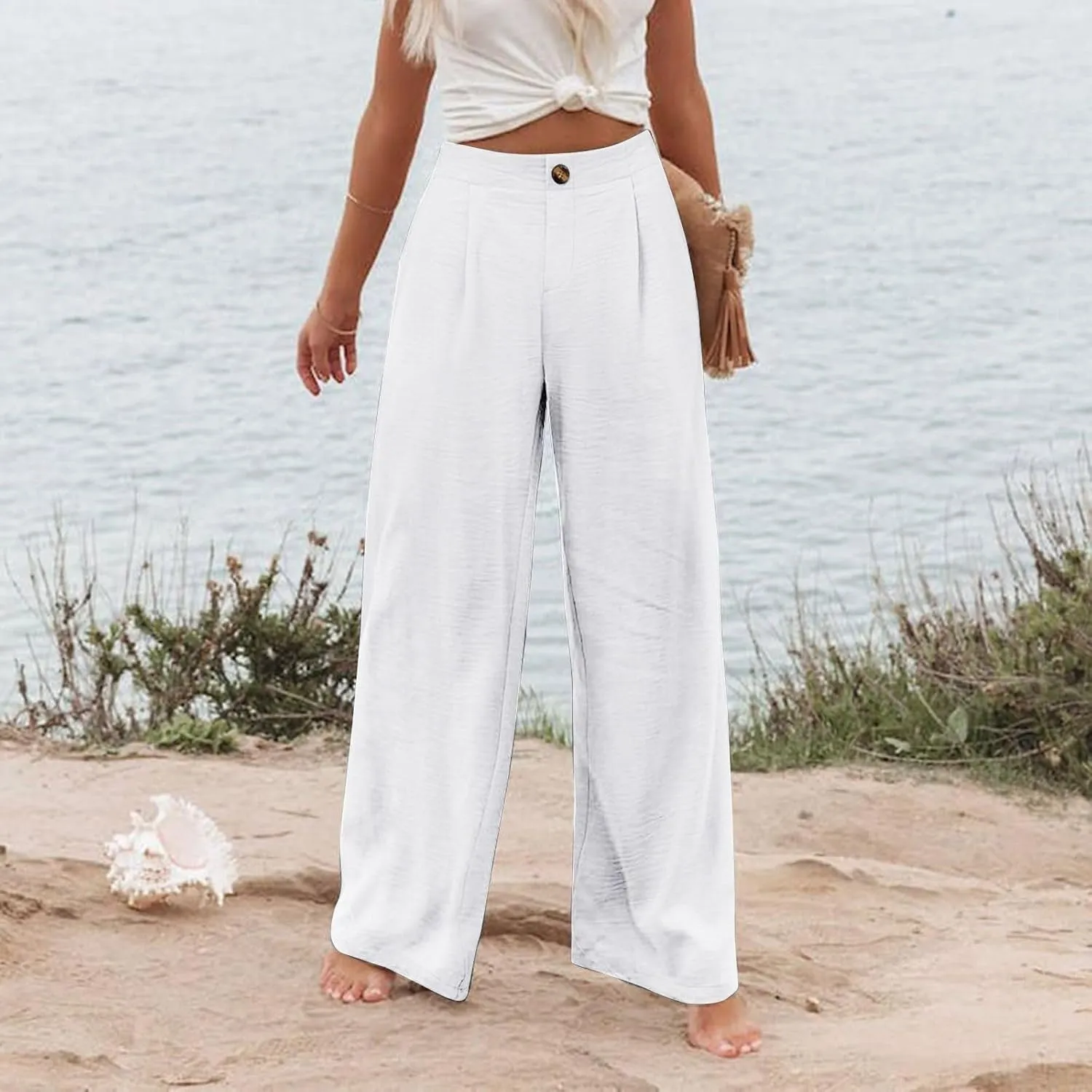 Wide Leg Dress Pants for Women High Waisted Business Casual Work Pants Comfy Baggy Pull On Trousers with Pockets