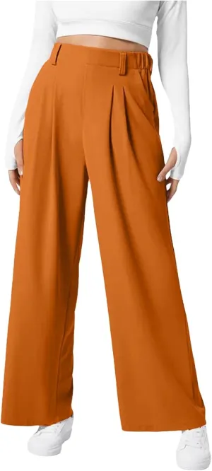 Wide Leg Pants for Women Waffle Knit Casual Palazzo Elastic High Waist Pants Baggy Flowy Dress Trousers with Pockets