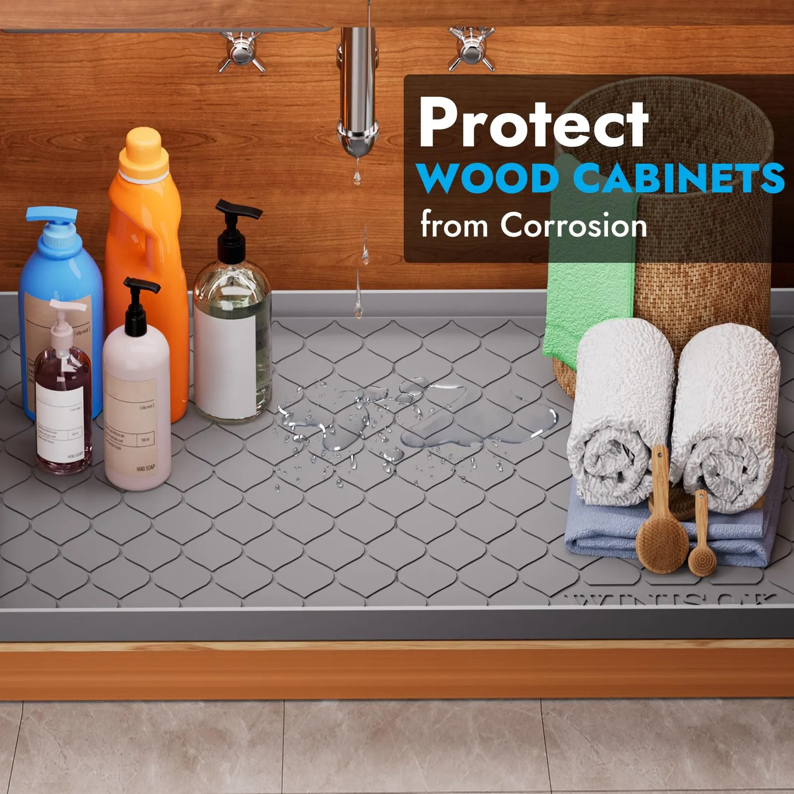 Winisok Waterproof Under Sink Mat 34" x 22" Cabinet Liner for Kitchen and Bathroom, Shelf and Counter Protector, Organizers and Storage, Silicone Drip Tray, Gadgets and Accessories