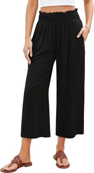 Women Capri Pants High Waisted Wide Leg Linen Palazzo Trousers Casual Loose Flowy Smock Waist Pants with Pockets
