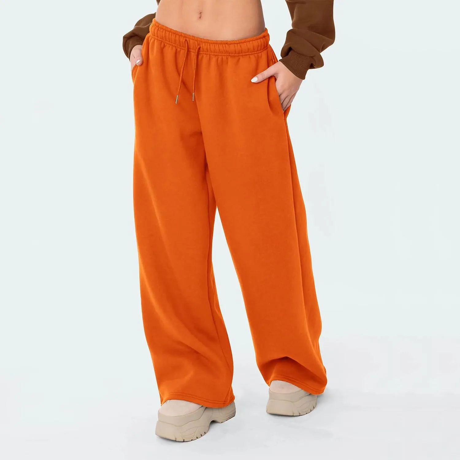 Women Casual Baggy Sweatpants Solid Color Joggers Lounge Pants Drawstring High Waist Wide Leg Trousers