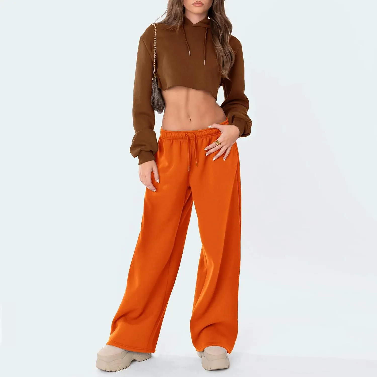 Women Casual Baggy Sweatpants Solid Color Joggers Lounge Pants Drawstring High Waist Wide Leg Trousers