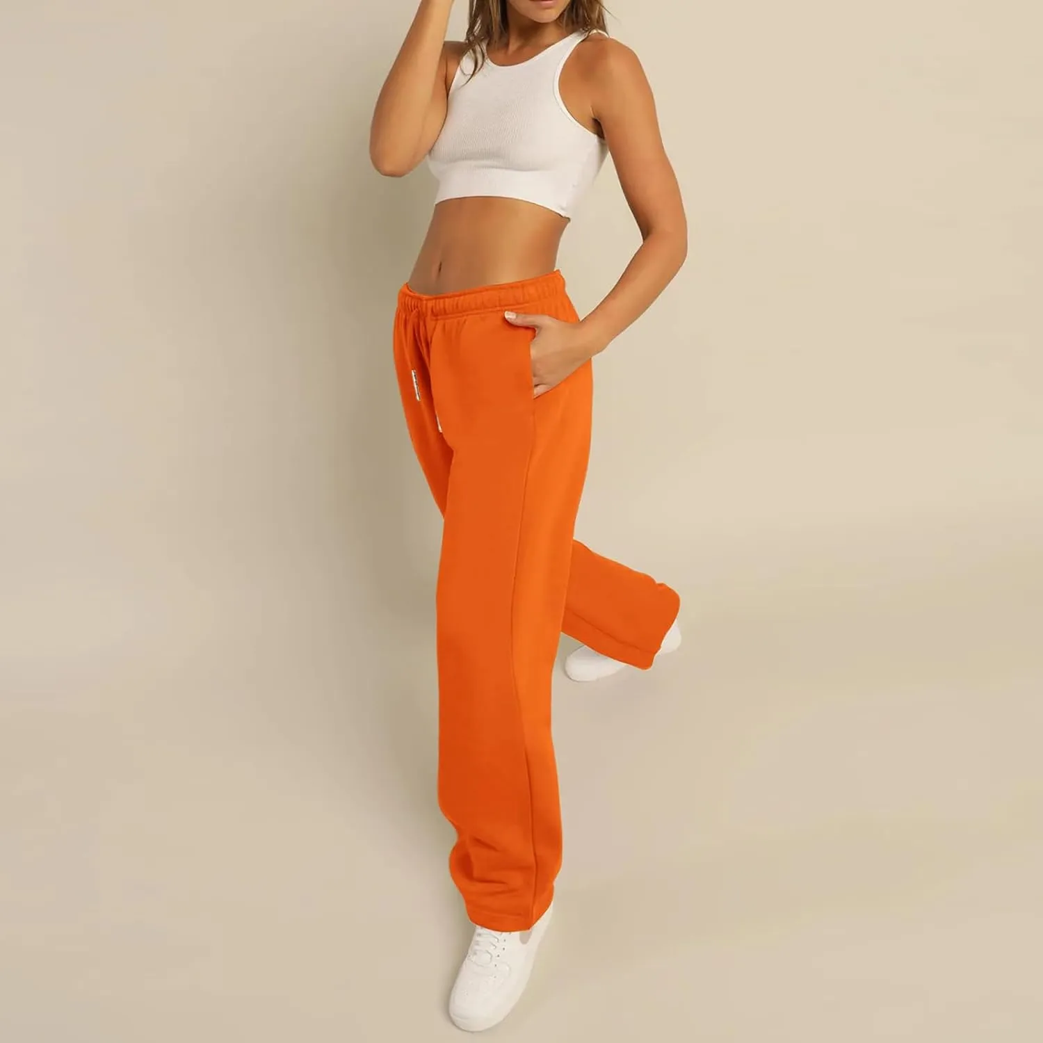 Women Casual Baggy Sweatpants Solid Color Joggers Lounge Pants Drawstring High Waist Wide Leg Trousers