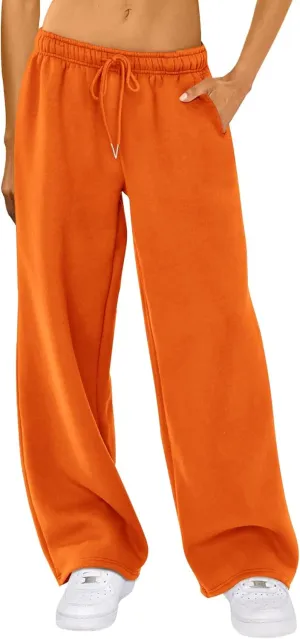 Women Casual Baggy Sweatpants Solid Color Joggers Lounge Pants Drawstring High Waist Wide Leg Trousers