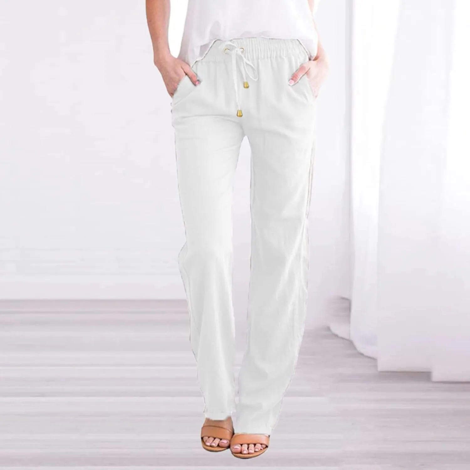 Women Cotton Linen Summer Y2K Fashion Pants Low Waist Bootcut Slim-Fit Pant Trousers Beach