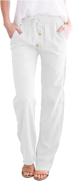 Women Cotton Linen Summer Y2K Fashion Pants Low Waist Bootcut Slim-Fit Pant Trousers Beach