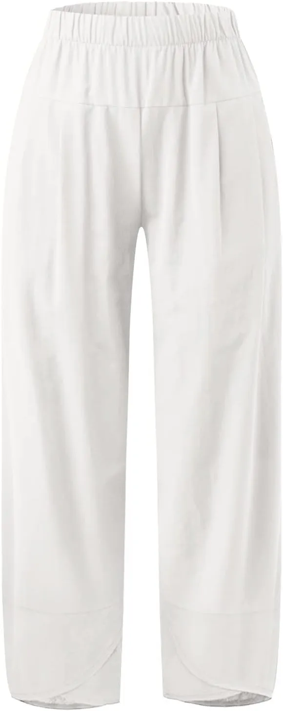 Women Linen Blend Summer Pull On Pants Low Waist Wide Leg Plus Size Palazzo Lounge Pants Vacation