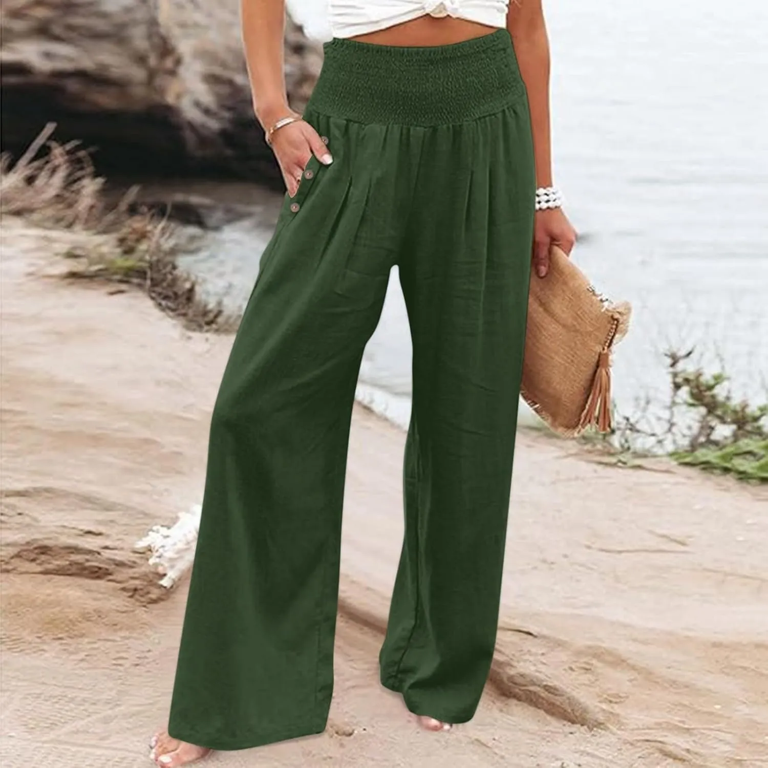 Women Linen Palazzo Pants 2024 Summer Casual Loose Beach Wide Leg Elastic High Waist Travel Lounge Pants with Pockets