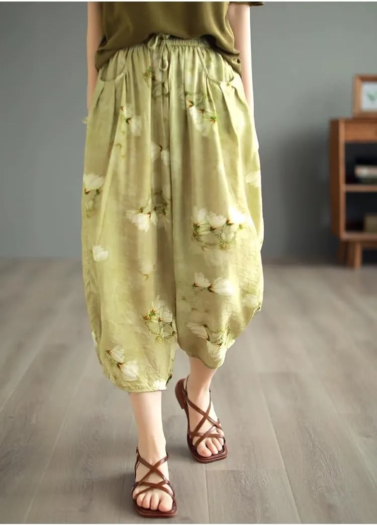Women Ramie Baggy Linen Wide Leg Vintage Print Thin Trousers Harlan Pants Elastic Waist Harem Pants with Pocket