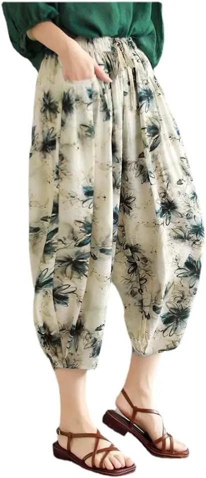 Women Ramie Baggy Linen Wide Leg Vintage Print Thin Trousers Harlan Pants Elastic Waist Harem Pants with Pocket