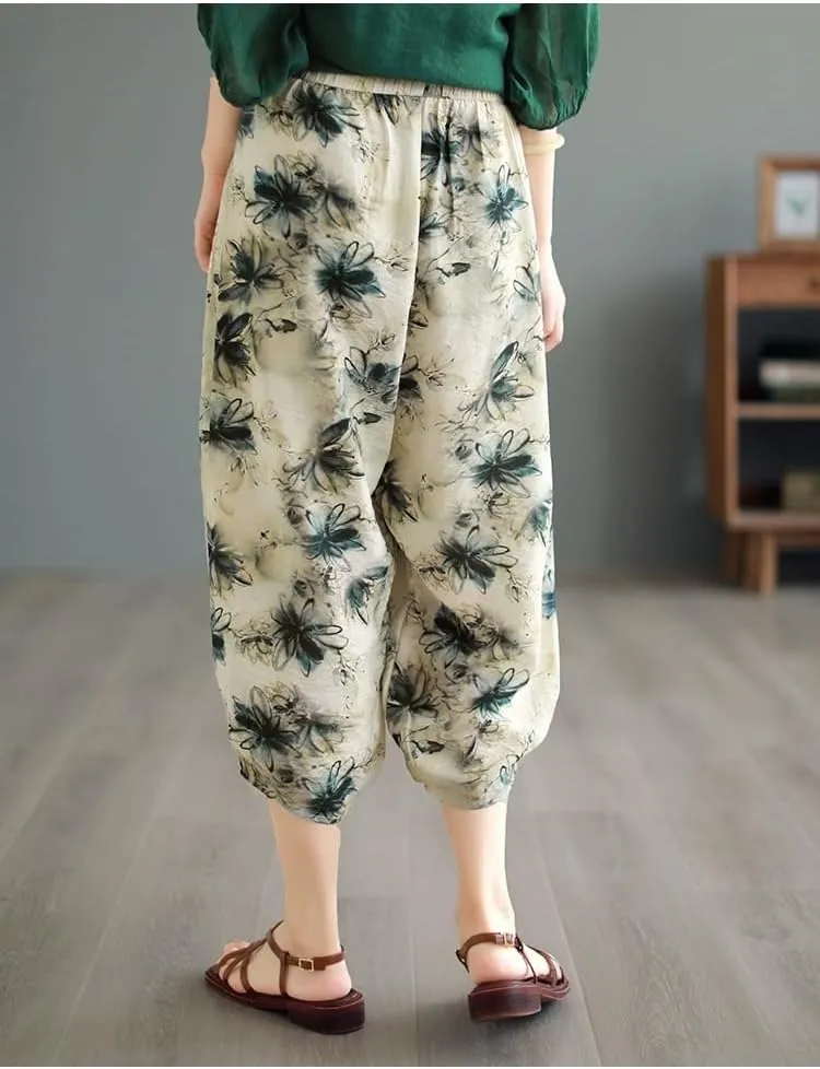 Women Ramie Baggy Linen Wide Leg Vintage Print Thin Trousers Harlan Pants Elastic Waist Harem Pants with Pocket