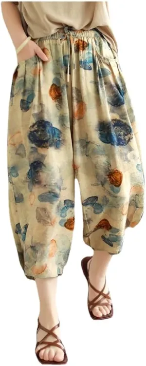 Women Ramie Baggy Linen Wide Leg Vintage Print Thin Trousers Harlan Pants Elastic Waist Harem Pants with Pocket
