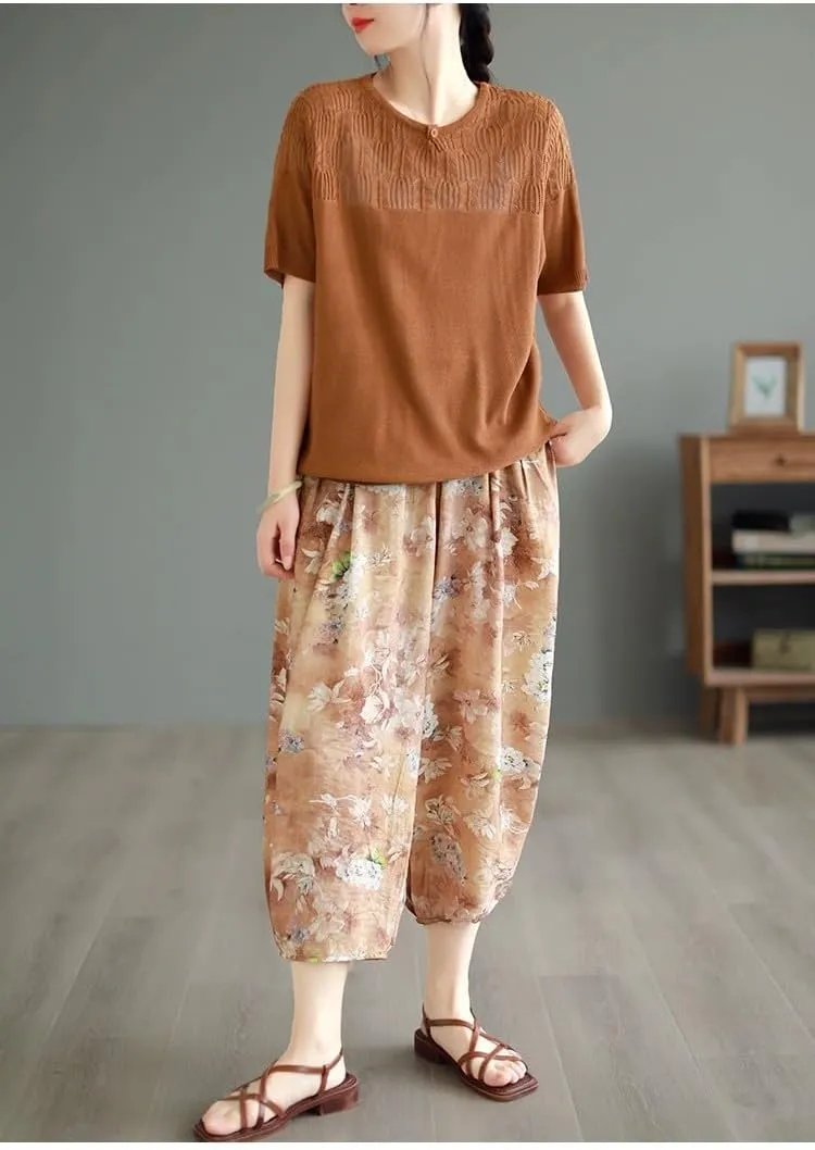 Women Ramie Baggy Linen Wide Leg Vintage Print Thin Trousers Harlan Pants Elastic Waist Harem Pants with Pocket