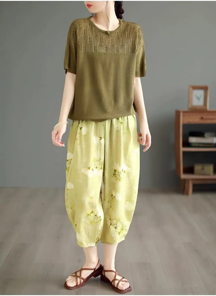 Women Ramie Baggy Linen Wide Leg Vintage Print Thin Trousers Harlan Pants Elastic Waist Harem Pants with Pocket