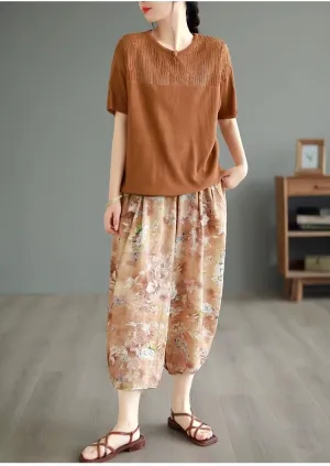 Women Ramie Baggy Linen Wide Leg Vintage Print Thin Trousers Harlan Pants Elastic Waist Harem Pants with Pocket