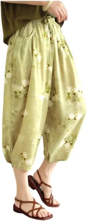 Women Ramie Baggy Linen Wide Leg Vintage Print Thin Trousers Harlan Pants Elastic Waist Harem Pants with Pocket