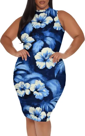 Women Sexy Bodycon Midi Dress Sleeveless High Neck Sundress Summer Floral Knee Length Dresses Wedding Guests Outfits